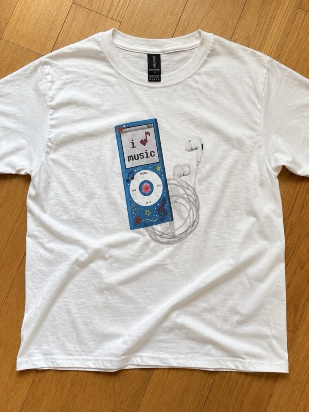 Gildan White Short Sleeve Tee with Blue iPod Graphic